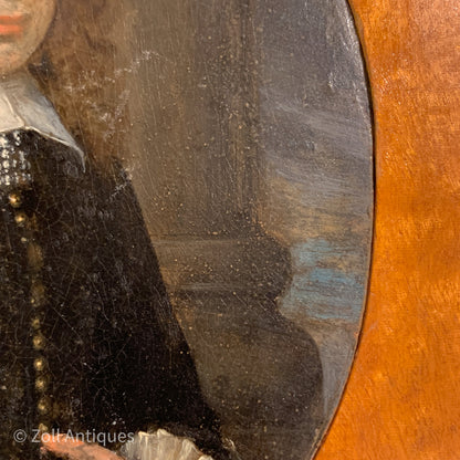 Hand-painted oil miniature portrait, from the 17th century. 