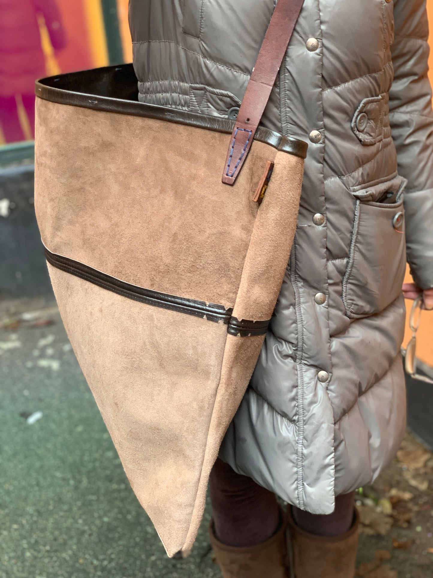 Large hand-sewn leather shoulder bag, Kim Zoll Designs.