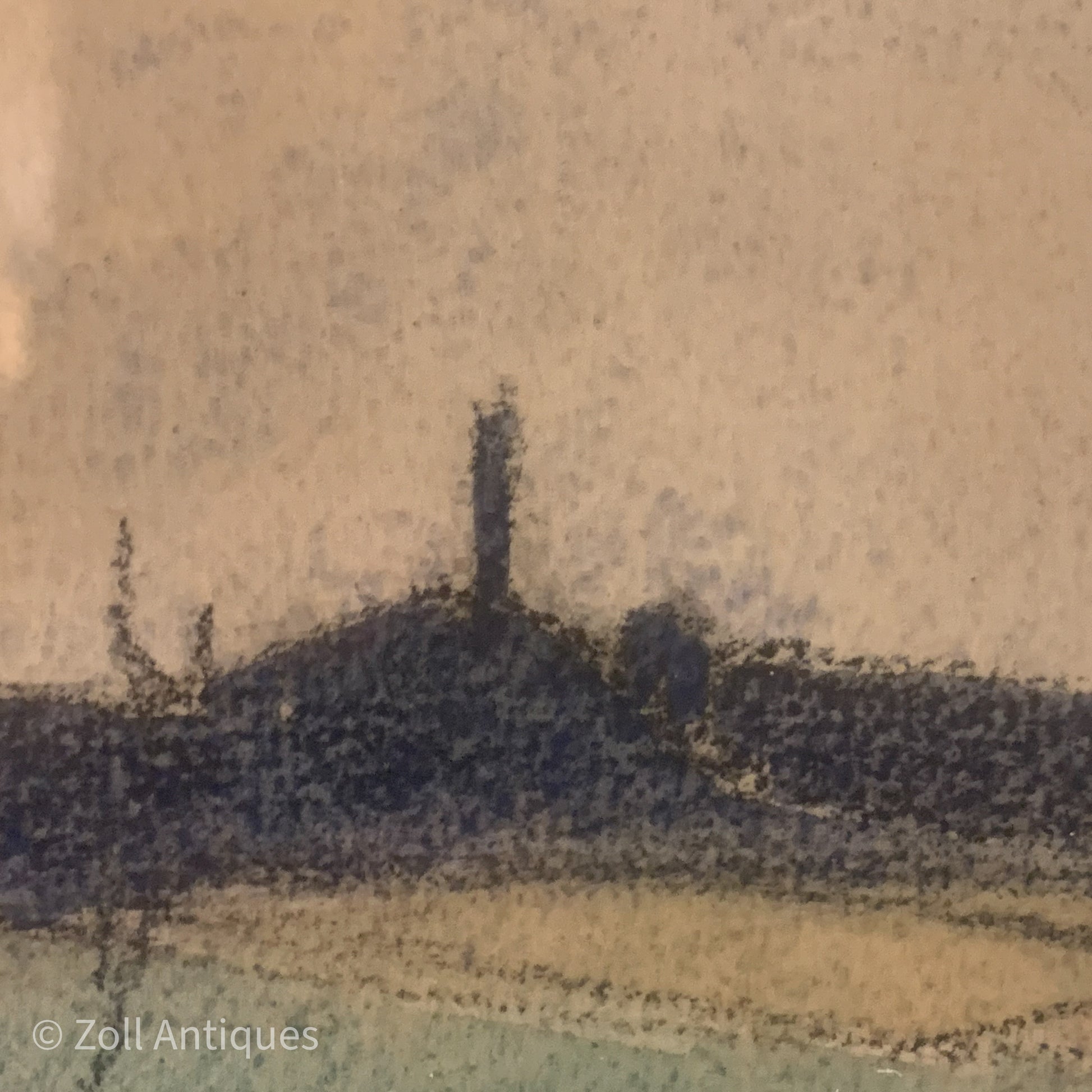 Johannes Bæch's 1965 watercolor painting depicts a lone tower on a hill, surrounded by a vast, open landscape. The tower stands ta