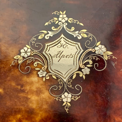 French Napoleon III Piqué gold &amp; silver inlaid tortoiseshell cigar case