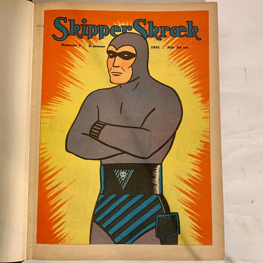 Skipper Skræk 1951 no.1-52, 1st Edition 1st Printing, collected in a leather-bound book.